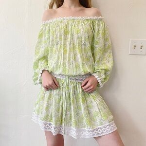 Poupette St. Barth Floral Crochet Off-The-Shoulder Long Sleeve Mini Dress
